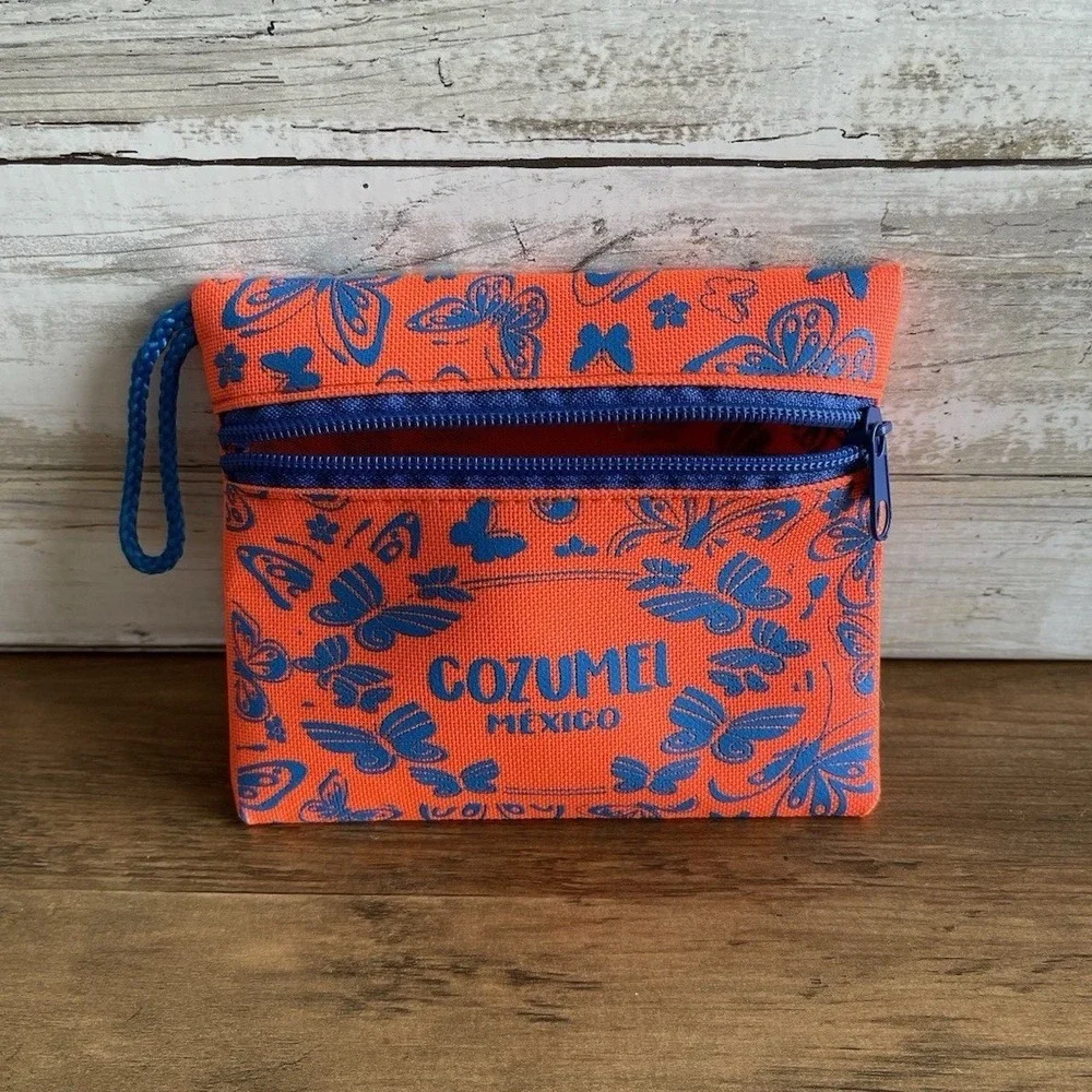 Cozumel Mexico Souvenir Pouch Orange Blue Butterfly Canvas Wristlet Purse bag‎